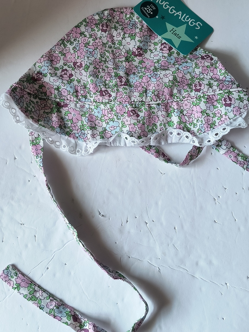 The Children's Place Pink and Green Floral Sun Bonnet with White Eyelet Trim